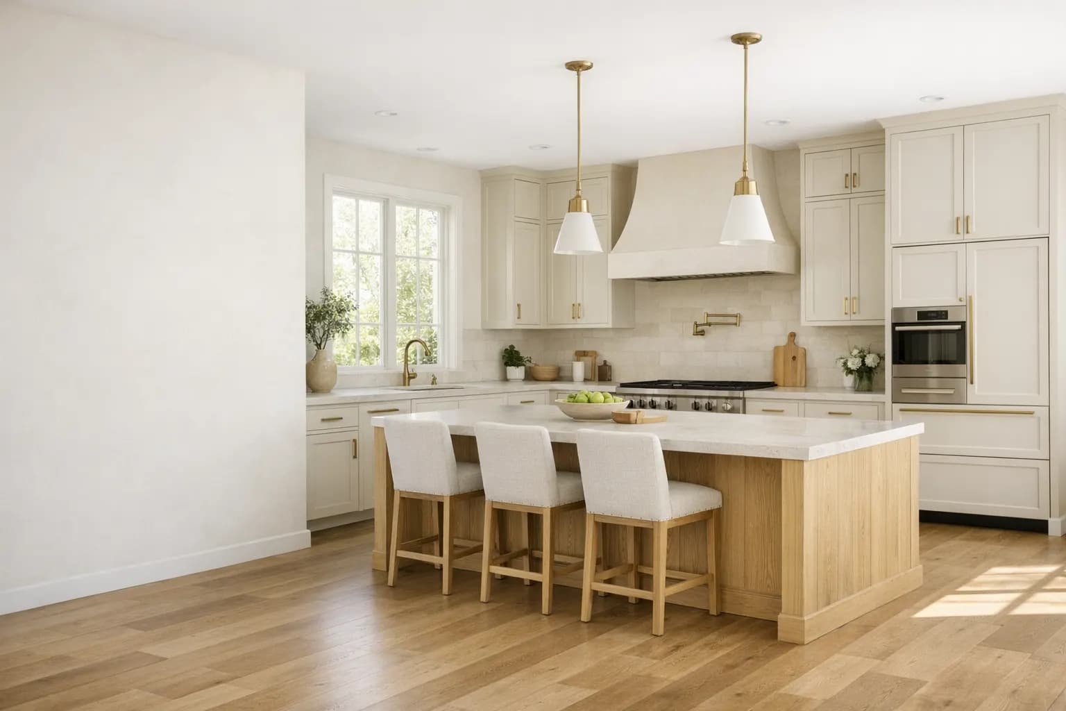 Bright residential kitchen remodel with a large island, warm wood finishes, and soft natural light