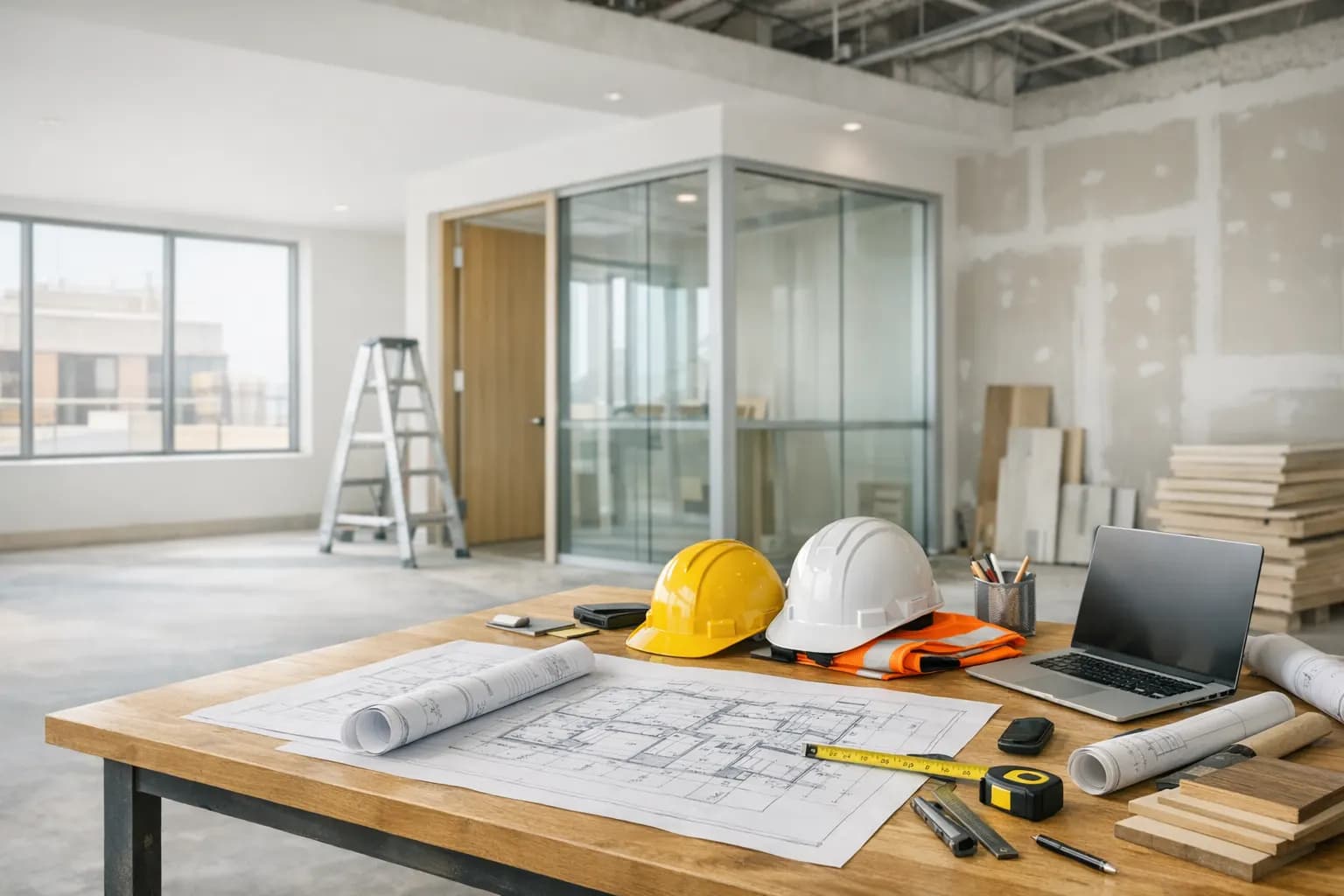 Commercial tenant improvement space with plans, materials, and a contractor coordination setup